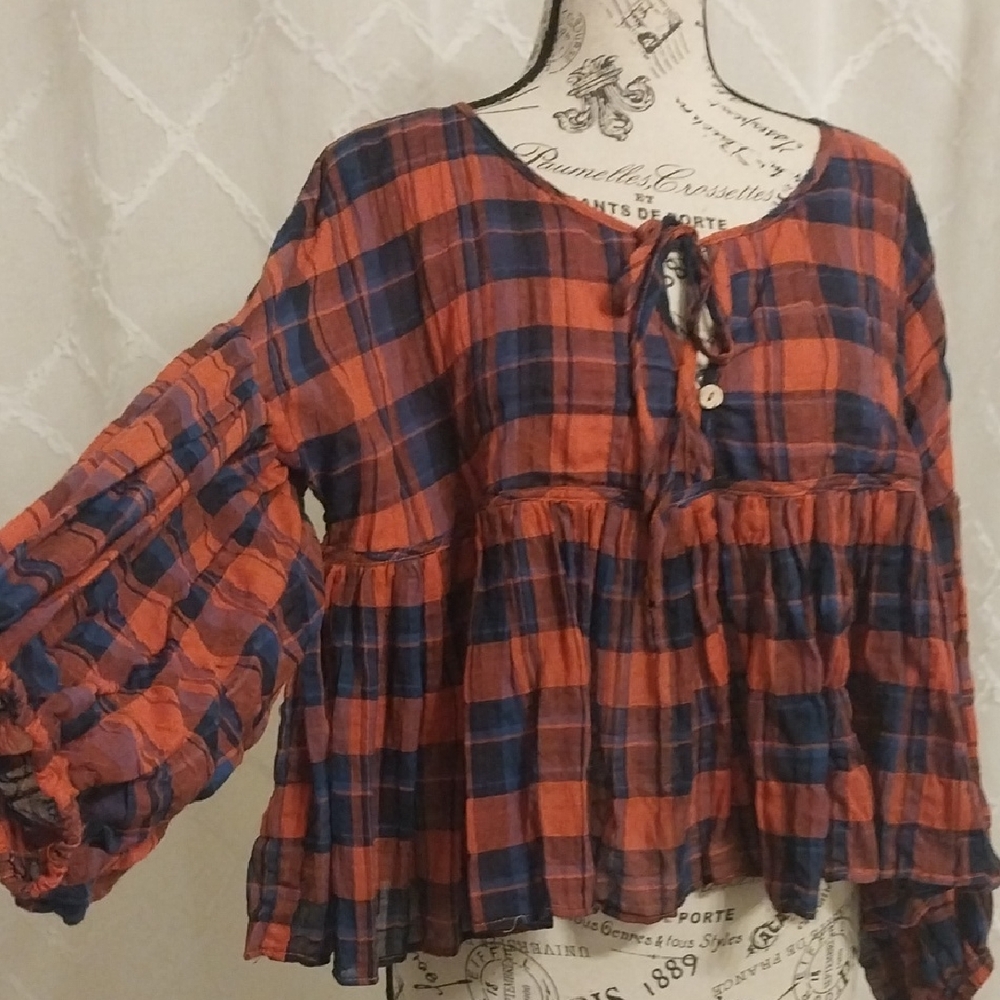 DAY AND MOON Plaid Peasant Blouse - Orangy Red and Blue/S